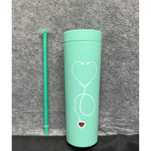 Nurse Appreciation 16oz Skinny Tumbler Mint Green Stethoscope Heart with Straw